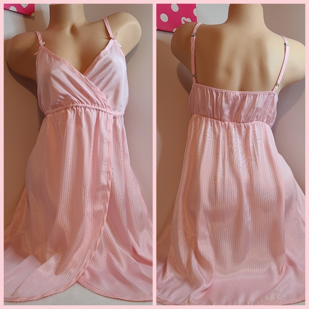 VTG Enchanting Silky Satin Stripe Babydoll Chemise Size Lg Pink